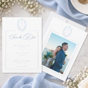 Reserve A Data Clássico Vintage Azul Floral Coroa Casamento Foto