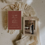 Reserve A Data Classy Auburn Cream Old Money Photo Wedding<br><div class="desc">This modern & retro funky minimalist terracotta Wedding auburn and cream Save The Date Template is great for you. If you are looking for a pretty, elegant and easy to customize photo Wedding Save The Date Template. A very elegant simple ivory cream script wedding save the date on terracotta auburn...</div>