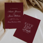 Reserve A Data Classy Burgundy White Fancy Old Money Wedding<br><div class="desc">This modern & retro funky minimalist Wedding burgundy and white Save The Date Template is great for you. If you are looking for a pretty, elegant and easy to customize deep red Wedding Save The Date Template .A very elegant simple white script wedding save the date on red background on...</div>