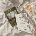 Reserve A Data Classy Olive Green Old Money Classic Photo Wedding<br><div class="desc">This modern & retro funky minimalist boho Wedding olive green and white Save The Date Template is great for you. If you are looking for a pretty, elegant and easy to customize photo Wedding Save The Date Template. A very elegant simple moss green script wedding save the date on boho...</div>