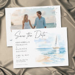 Reserve A Data Coastal Beach Modern Watercolor Wedding Photo<br><div class="desc">This elegant beach watercolor wedding save the date card featuring tranquil seas and ocean hues. Perfect for seaside weddings,  this minimalist coastal design offers a romantic,  modern look that sets the tone for a relaxed yet refined celebration. Created by Simply Farmhouse Press.</div>