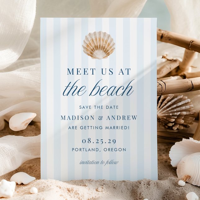Reserve A Data Coastal Blue Stripes Shell Beach Wedding (Criador carregado)