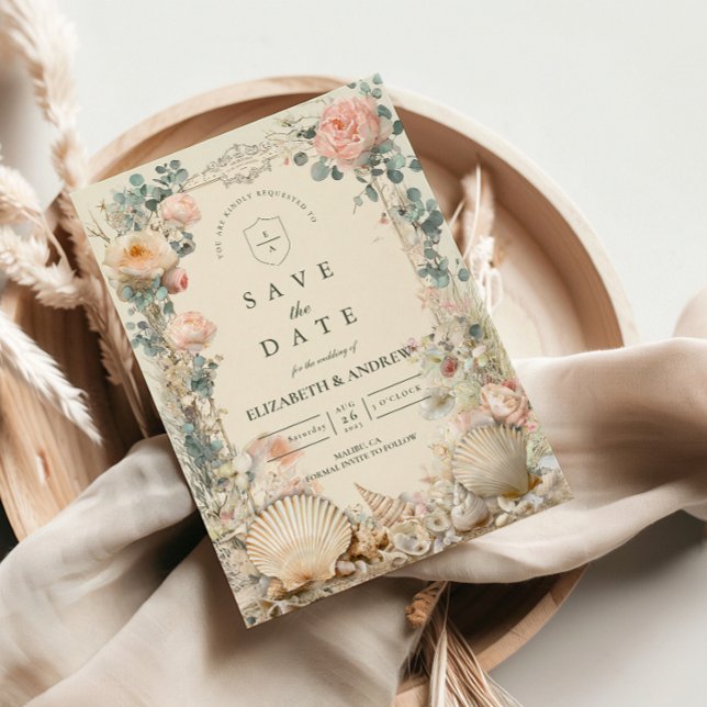 Reserve A Data Coastal Seashell Botanical Wedding (Criador carregado)