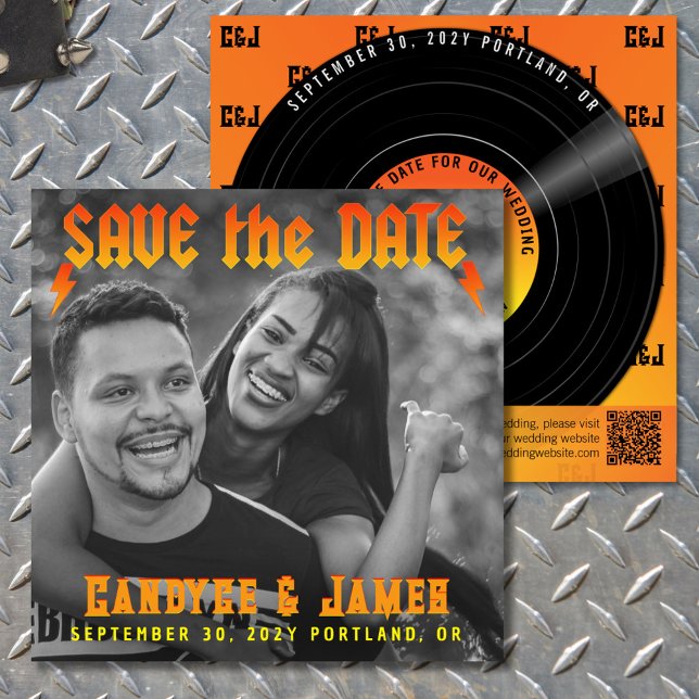 Reserve A Data Cobrir de álbum Single Rock Metal Music Vinyl Reco (Metal Album Cover Save the Date with Vinyl Record. Flame color scheme.)