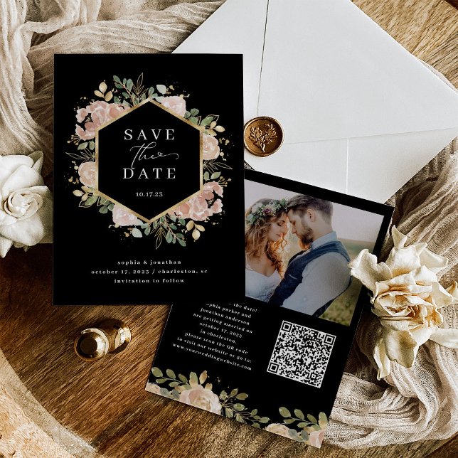 Reserve A Data Cód. QR Preto Floral e Foto Neutro (A stylish, neutral watercolor floral save the date with your photo and scannable QR code)