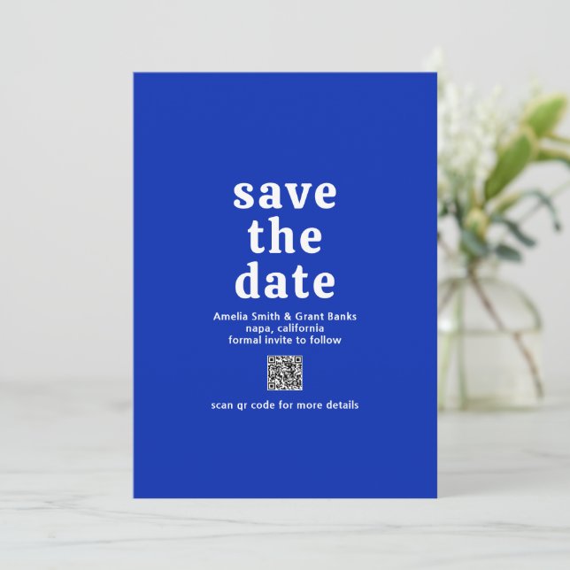Reserve A Data Código QR Azul Safira Fonte Retro Casamento Modern (Em pé/Frente)