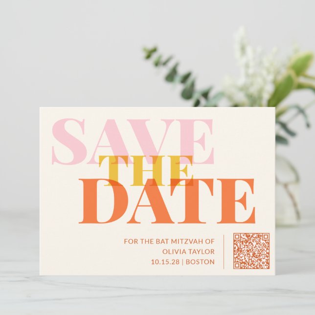 Reserve A Data Código QR Bat Mitzvah Retro Moderno Rosa e Laranja (Em pé/Frente)