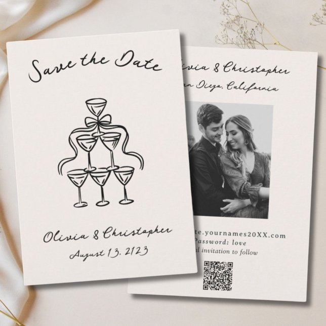 Reserve A Data Código QR da porta de champanhe Elegante do Arco V (Vintage Elegant Bow Champagne Doodle QR Code Save The Date)