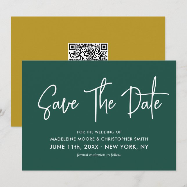 Reserve A Data Código QR de Análise de Caligrafia Dourada e Verde (Frente/Verso)