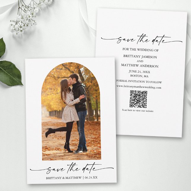 Reserve A Data Código QR de Arch de Fotografia de Script de Tinta (Add your wedding website or social media web address to the QR Scan Code.)