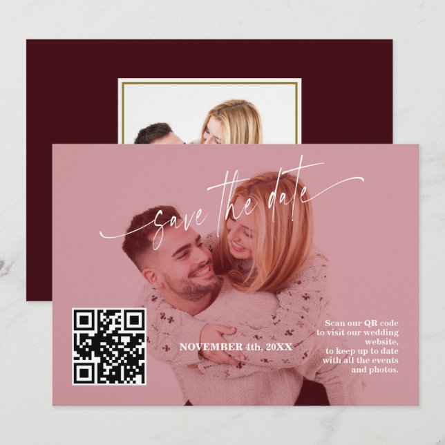 Reserve A Data Código QR de Caligrafia Burgundy Profundo Foto Cas (Frente/Verso)