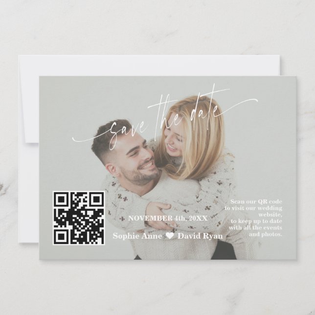 Reserve A Data Código QR de Caligrafia Verde Sálvia Foto Casament (Frente)
