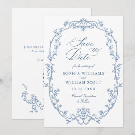 Reserve A Data Código QR de casamento azul empoeirado floral orna