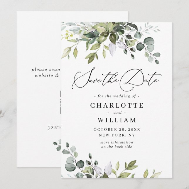 Reserve A Data Código QR de Casamento de Eucalipto em Aquarela El (Frente/Verso)