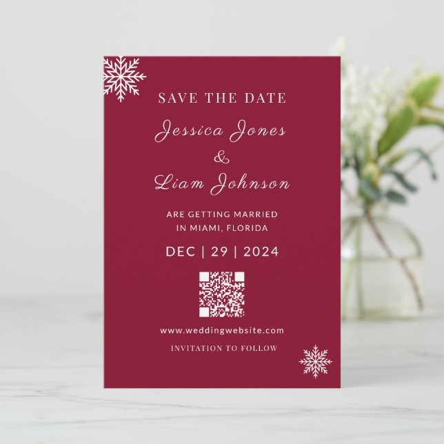 Reserve A Data Código QR de Casamento de Inverno Vermelho Borgonh (Em pé/Frente)