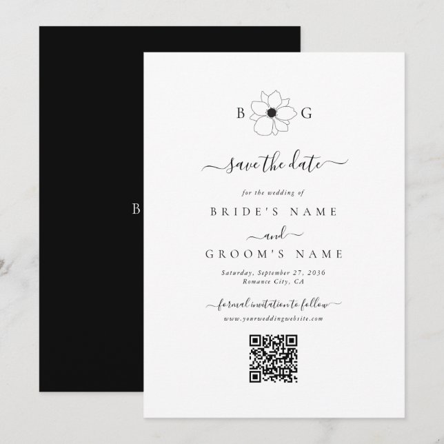 Reserve A Data Código QR de Casamento de Monograma Desenhado à Mã (Frente/Verso)