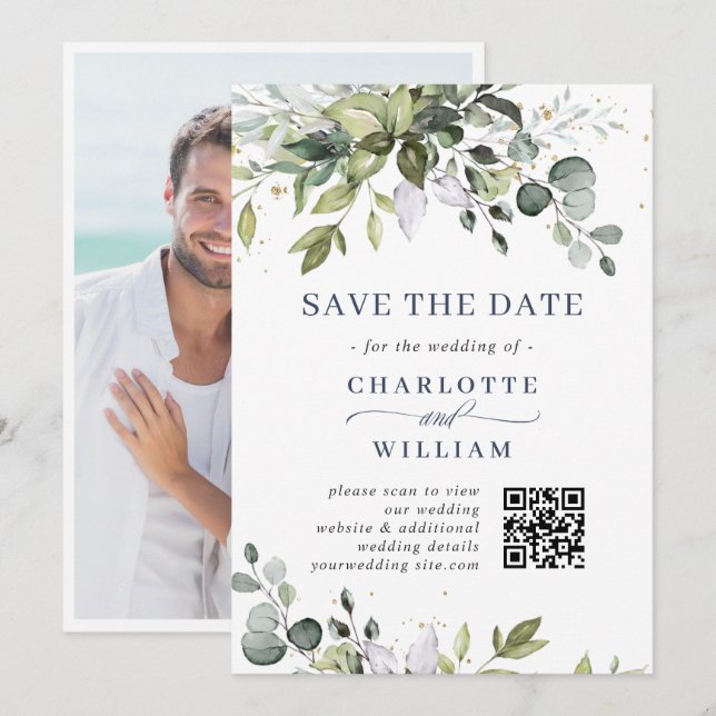 Reserve A Data Código QR de Casamento Eucalipto em Aquarela Elega (Frente/Verso)
