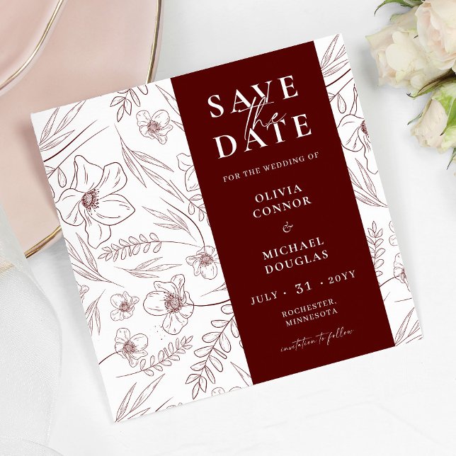 Reserve A Data Código QR de Casamento Floral Borgonha Salve a Dat (Criador carregado)