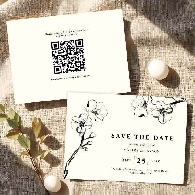 Reserve A Data Código QR de Casamento Floral de Marfim Desenhado  (Criador carregado)