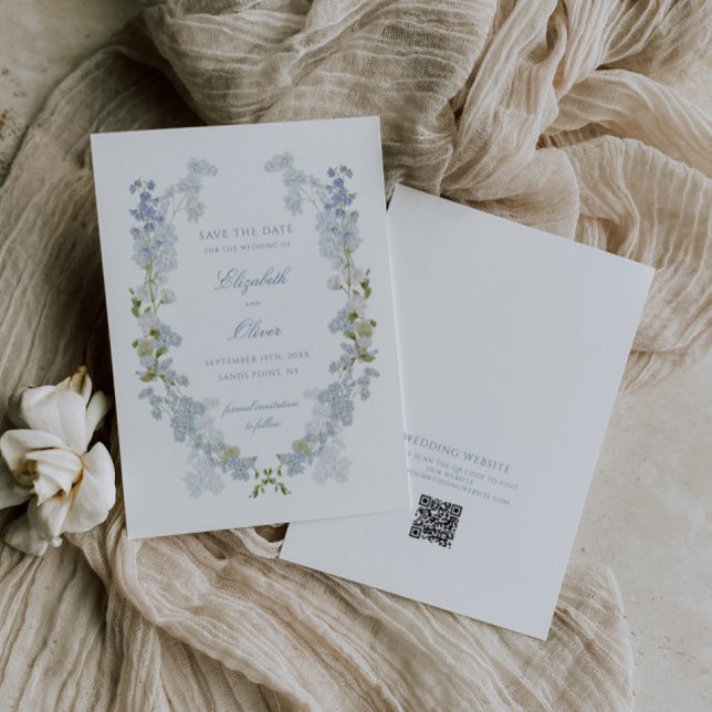 Reserve A Data Código QR de Casamento Floral Romântico Azul Vinta (Criador carregado)