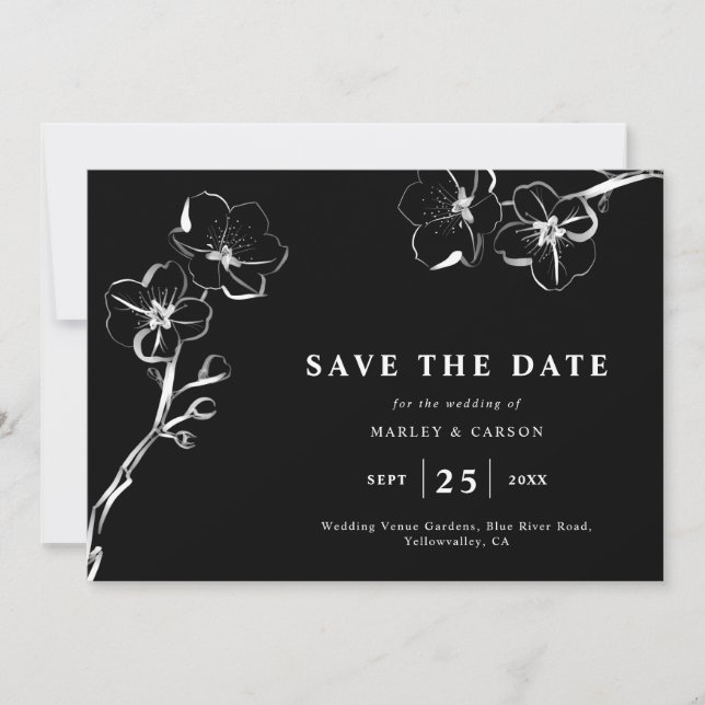 Reserve A Data Código QR de Casamento Preto Floral Desenhado à Mã (Frente)