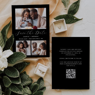 Reserve A Data Código QR de colagem de 3 fotos minimalista preto