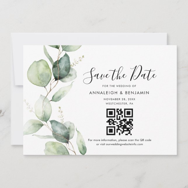 Reserve A Data Código QR de Eucalipto Elegante para Casamento Sal (Frente)