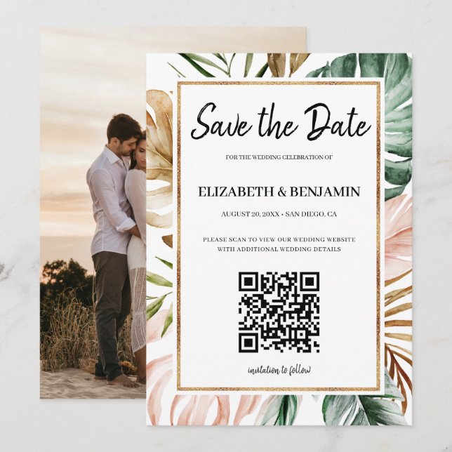 Reserve A Data Código QR de Folhas Tropicais de Verão Foto Save T (Frente/Verso)