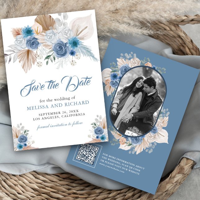 Reserve A Data Código QR de Foto Boho Pampas Floral Azul Empoeira (Criador carregado)