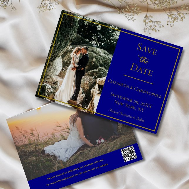 Reserve A Data Código QR de Foto Casamento Azul Marinho Dourado E (Photo QR Code Navy Blue and Gold Wedding Save the Date. Elegant Formal Traditional Classic)