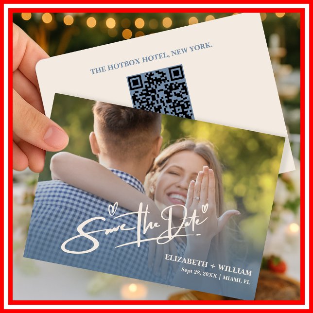 Reserve A Data Código QR de Foto de Casamento Azul Empoeirado Ele (Criador carregado)