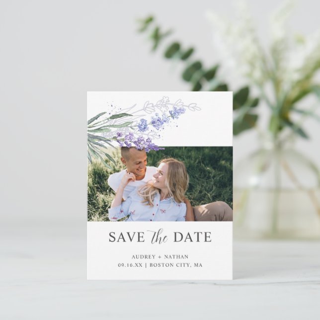 Reserve A Data Código QR de Foto de Casamento de Lavanda em Aquar (Em pé/Frente)