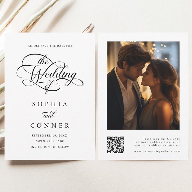 Reserve A Data Código QR de Foto de Casamento de Script Elegante (Front & Back)