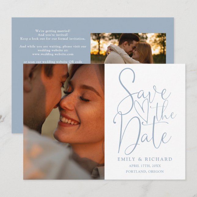 Reserve A Data Código QR de foto de casamento em azul empoeirado  (Frente/Verso)