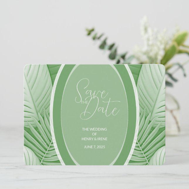 Reserve A Data Código QR de Foto de Casamento Verde Tropical Salv (Em pé/Frente)