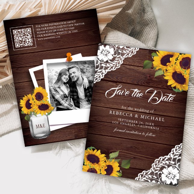 Reserve A Data Código QR de Foto de Madeira de Girassol Casamento (Criador carregado)