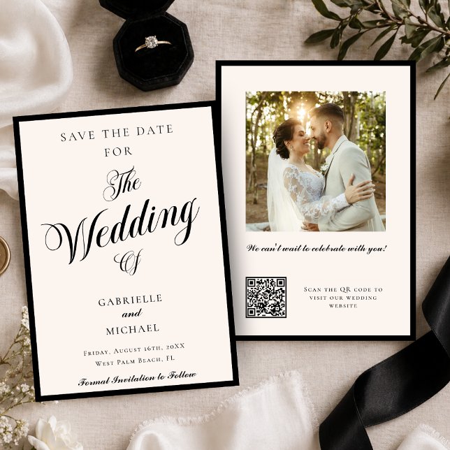 Reserve A Data Código QR de Foto Preto e Marfim Casamento Old Mon (Criador carregado)