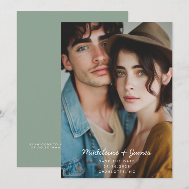 Reserve A Data Código QR de foto verde sage com roteiro mínimo Ca (Frente/Verso)