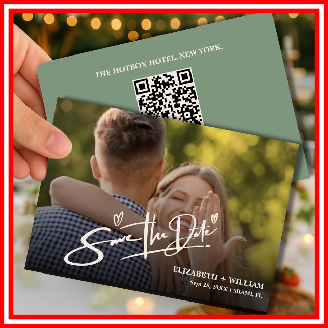 Reserve A Data Código QR de Foto Verde Salvia | Casamento Moderno (Criador carregado)