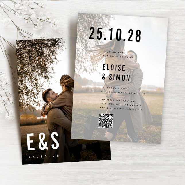 Reserve A Data Código QR de Fotografia de Monograma de Grande Neg (Modern Minimalist Big Bold Monogram Photo QR Code classic Save The Date)