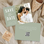 Reserve A Data Código QR de Fotografia Verde do Sage de Caligrafi<br><div class="desc">Anuncie seu dia de casamento em um chic e na moda com nosso Boho Salve o Convite de Data! Essa visão moderna do tema boêmico reúne elementos de charme rústico e elegância caligráfica para um olhar que é exclusivo seu. A cor verde sage é uma escolha bela e versátil que...</div>