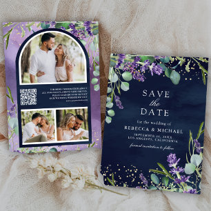 Reserve A Data Código QR de Lavanda Eucalipto Foto Casamento Azul