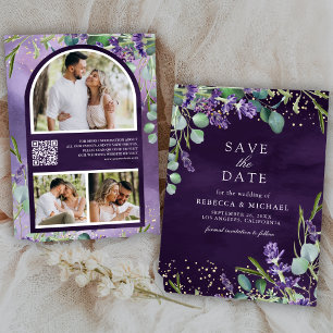 Reserve A Data Código QR de Lavanda Eucalipto Foto Casamento Roxo