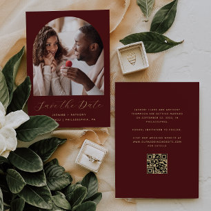 Reserve A Data Código QR do Arco de Foto Mínimo Burgundy Gold