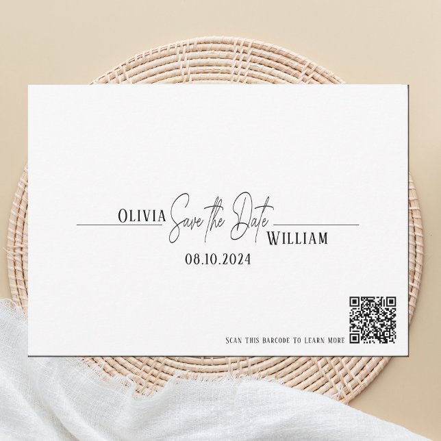 Reserve A Data Código QR do Script Elegante Salvar a Data (Save The Date Wedding QR Code Announcement Card, Simple and elegant)