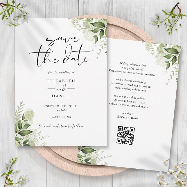 Reserve A Data Código QR Floral de Verdura Rústica Casamento (Rustic Greenery Floral QR Code Wedding Save The Date)