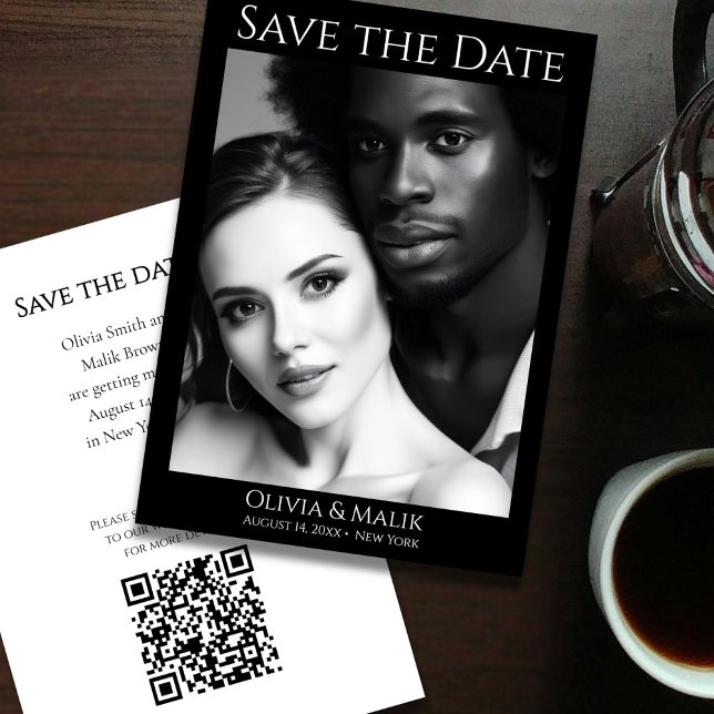 Reserve A Data Código QR Foto Salvar Data (Modern Black & White Photo QR Code Save the Date - front and back)