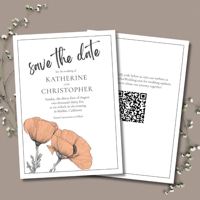 Reserve A Data Código QR para Casamento Floral Elegante Poppies P (Peach Poppies Save theDate cards coordinate with the Peach Poppies Elegant Wedding Invitation Suite.)