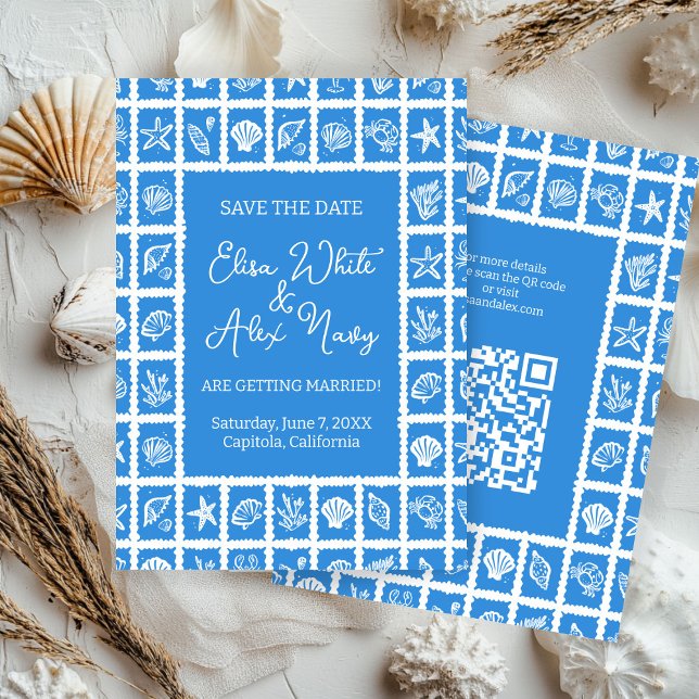 Reserve A Data Código QR PERSONALIZADO de Casamento de Praia da S (Seashell Grid Beach Wedding CUSTOM QR Code Save The Date
)