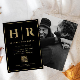 Reserve A Data Código QR Simples e Dourado de Monograma Preto de